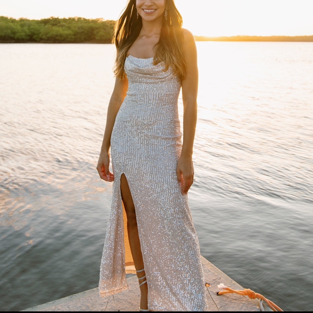 Strapless long cream Sequins dress with slit
